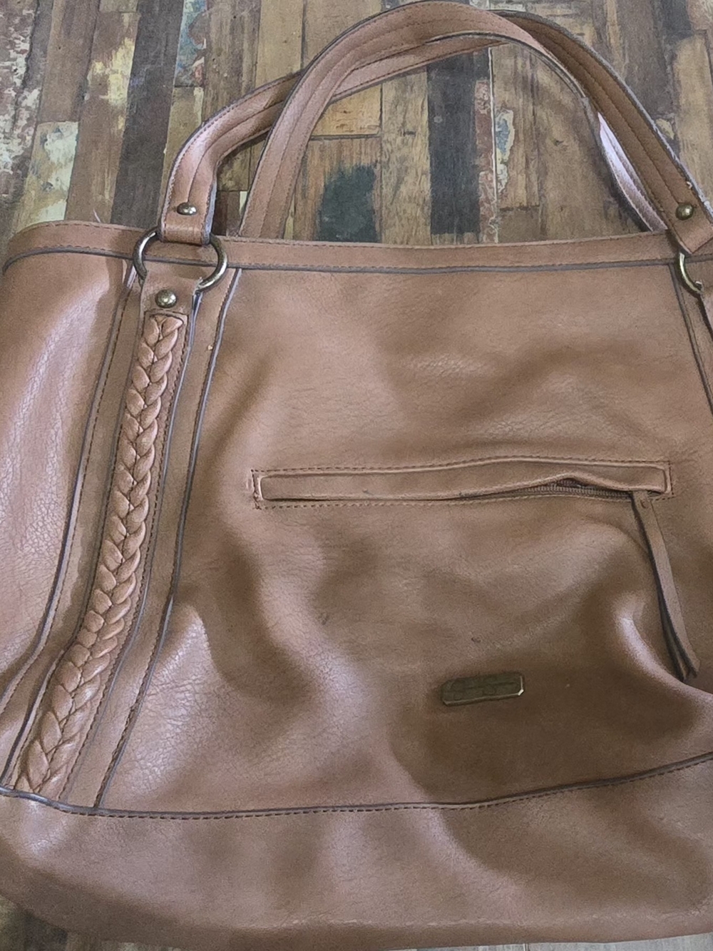 Jessica Simpson Tan Leather Tote Bag with Braided Detail